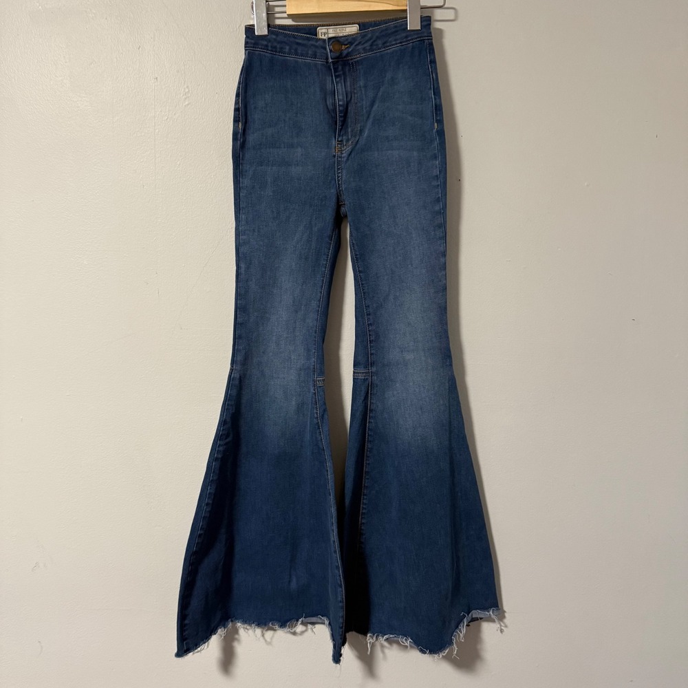 Free People Just Float On‎ Flare Jeans Blue High Rise Bell Bottom Raw Hem 24R